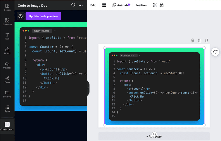How to embed source code into Canva design with Code to image for Canva